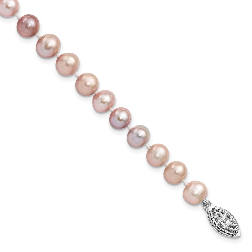Sterling Silver Rhodium-plated 6-7mm Purple Near-Round Freshwater Cultured Pearl 7.25 inch Bracelet (QH4763-7.25)