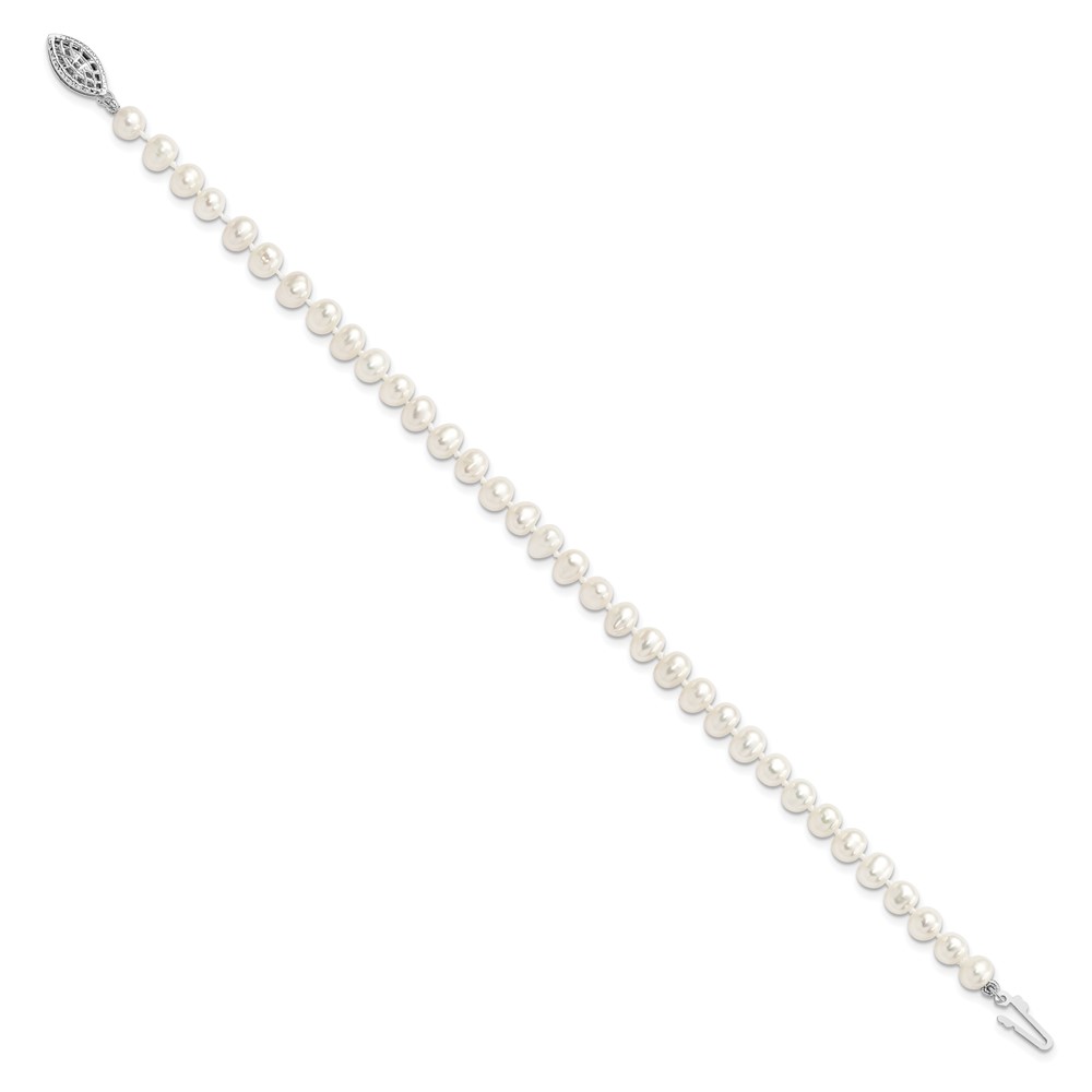 Sterling Silver Rhodium-plated 5-6mm White Near-Round Freshwater Cultured Pearl 7.25 inch Bracelet (QH4769-7.25)