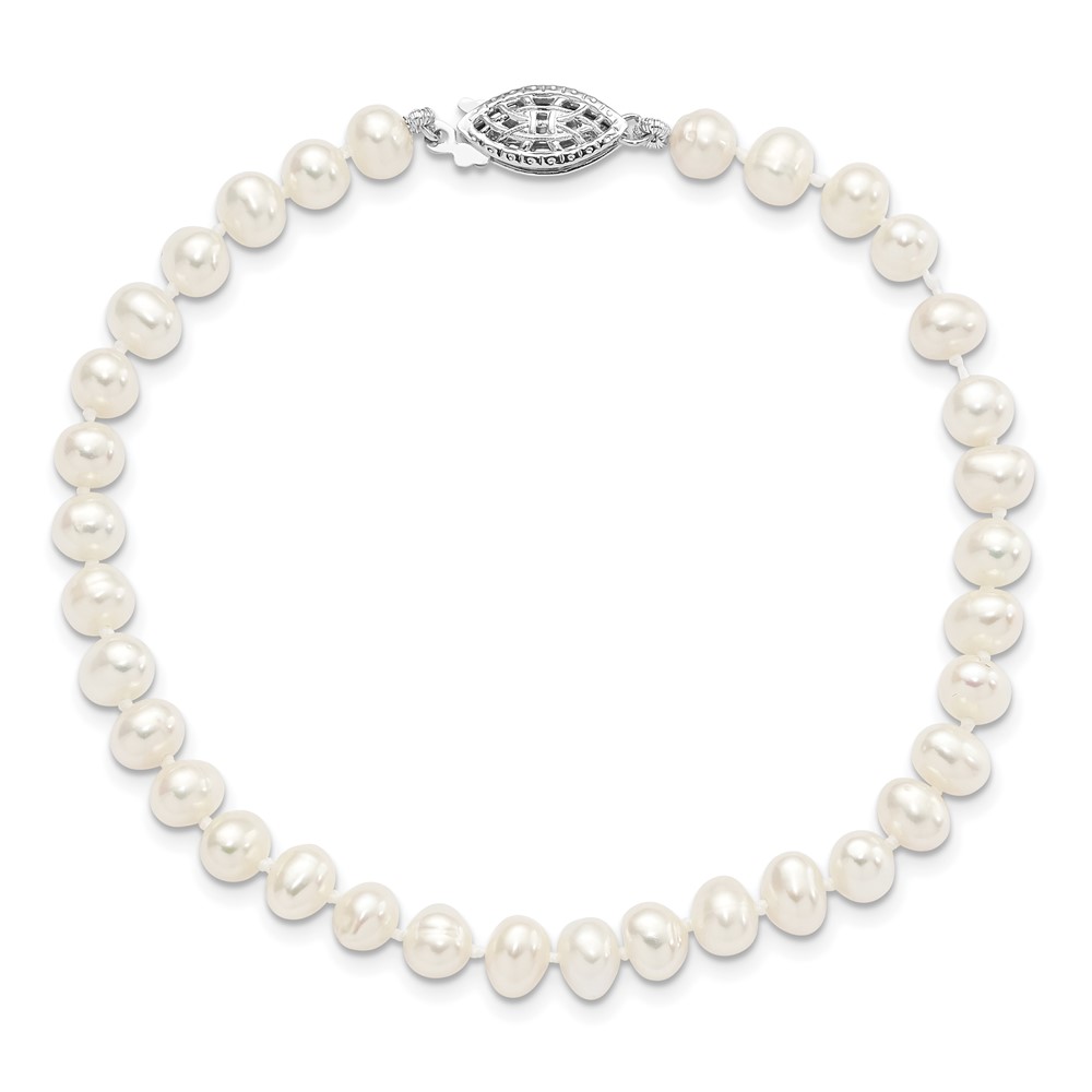 Sterling Silver Rhodium-plated 5-6mm White Near-Round Freshwater Cultured Pearl 7.25 inch Bracelet (QH4769-7.25)