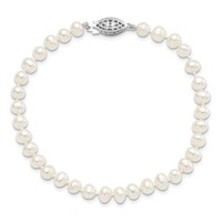 Sterling Silver Rhodium-plated 5-6mm White Near-Round Freshwater Cultured Pearl Bracelet, 7.25" view 3