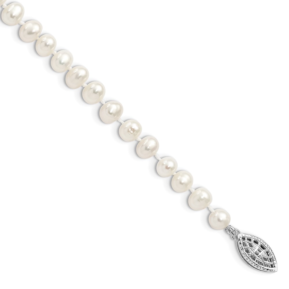 Sterling Silver Rhodium-plated 5-6mm White Near-Round Freshwater Cultured Pearl 7.25 inch Bracelet (QH4769-7.25)