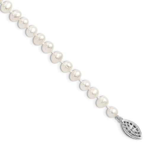 Sterling Silver Rhodium-plated 5-6mm White Near-Round Freshwater Cultured Pearl Bracelet, 7.25"