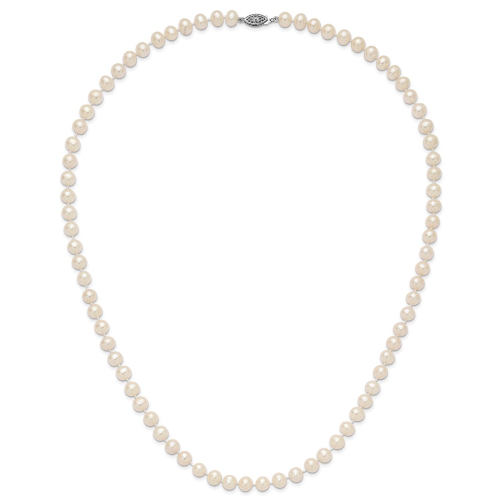 Sterling Silver Rhodium-plated 7-8mm White Near-Round Freshwater Cultured Pearl 24 inch Necklace (QH4778-24)