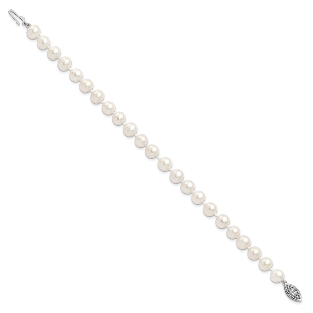 Sterling Silver Rhodium-plated 7-8mm White Near-Round Freshwater Cultured Pearl 7.25 inch Bracelet (QH4778-7.25)