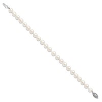 Sterling Silver Rhodium-plated 7-8mm White Near-Round Freshwater Cultured Pearl Bracelet, 7.25" view 2