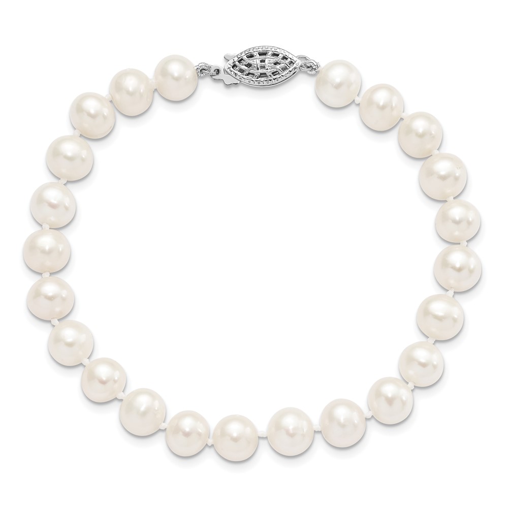 Sterling Silver Rhodium-plated 7-8mm White Near-Round Freshwater Cultured Pearl 7.25 inch Bracelet (QH4778-7.25)