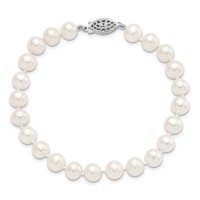 Sterling Silver Rhodium-plated 7-8mm White Near-Round Freshwater Cultured Pearl Bracelet, 7.25" view 3