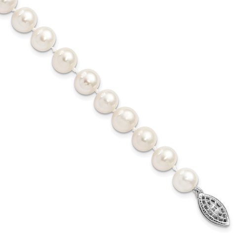 Sterling Silver Rhodium-plated 7-8mm White Near-Round Freshwater Cultured Pearl Bracelet, 7.25"
