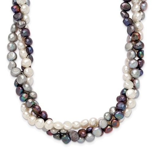 Sterling Silver Rhodium 5-6mm Fwc Semi Round Pearl Necklace with Ext., 2"