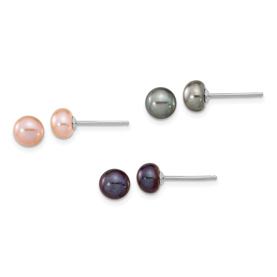 "Sterling Silver Rhodium-plated 6-7mm Black, Pink and Gray Semi-Round Freshwater Cultured Pearl 18 inch Necklace, 7.25 inch Bracelet and 3-piece Button Post Earrings Set"