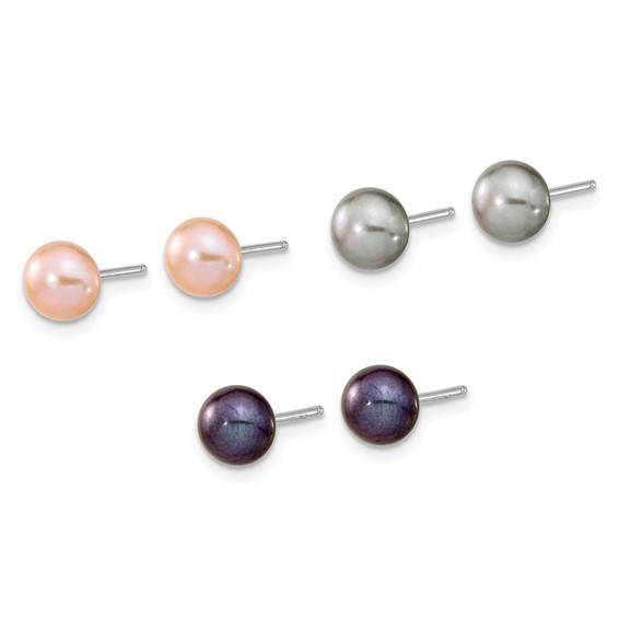 "Sterling Silver Rhodium-plated 6-7mm Black, Pink and Gray Semi-Round Freshwater Cultured Pearl 18 inch Necklace, 7.25 inch Bracelet and 3-piece Button Post Earrings Set"
