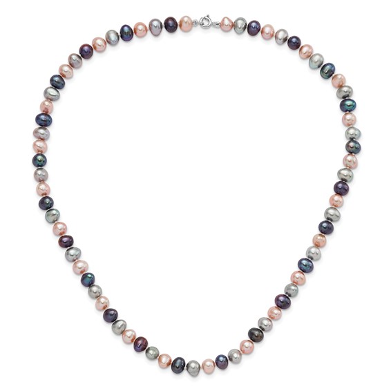 "Sterling Silver Rhodium-plated 6-7mm Black, Pink and Gray Semi-Round Freshwater Cultured Pearl 18 inch Necklace, 7.25 inch Bracelet and 3-piece Button Post Earrings Set"