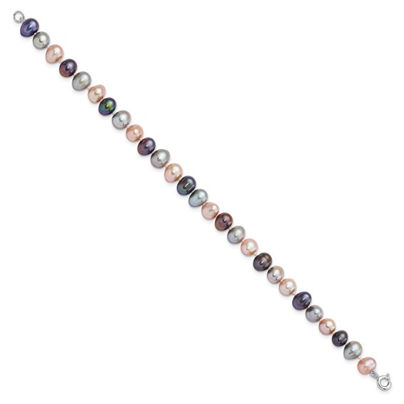 "Sterling Silver Rhodium-plated 6-7mm Black, Pink and Gray Semi-Round Freshwater Cultured Pearl 18 inch Necklace, 7.25 inch Bracelet and 3-piece Button Post Earrings Set"
