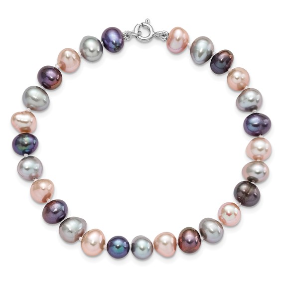 "Sterling Silver Rhodium-plated 6-7mm Black, Pink and Gray Semi-Round Freshwater Cultured Pearl 18 inch Necklace, 7.25 inch Bracelet and 3-piece Button Post Earrings Set"