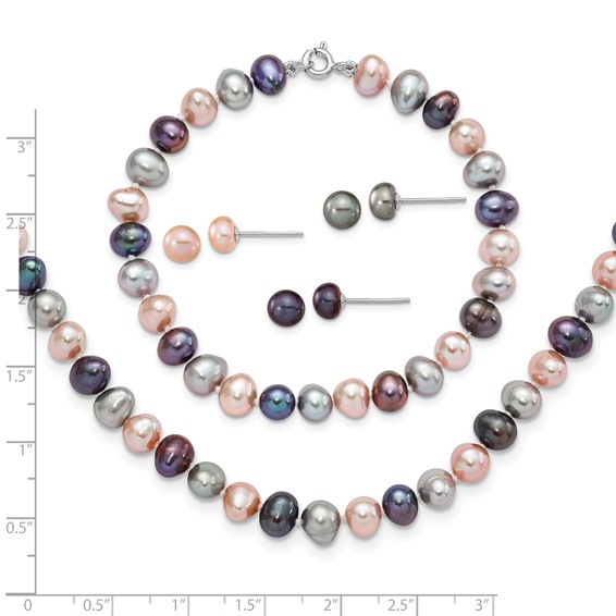 "Sterling Silver Rhodium-plated 6-7mm Black, Pink and Gray Semi-Round Freshwater Cultured Pearl 18 inch Necklace, 7.25 inch Bracelet and 3-piece Button Post Earrings Set"