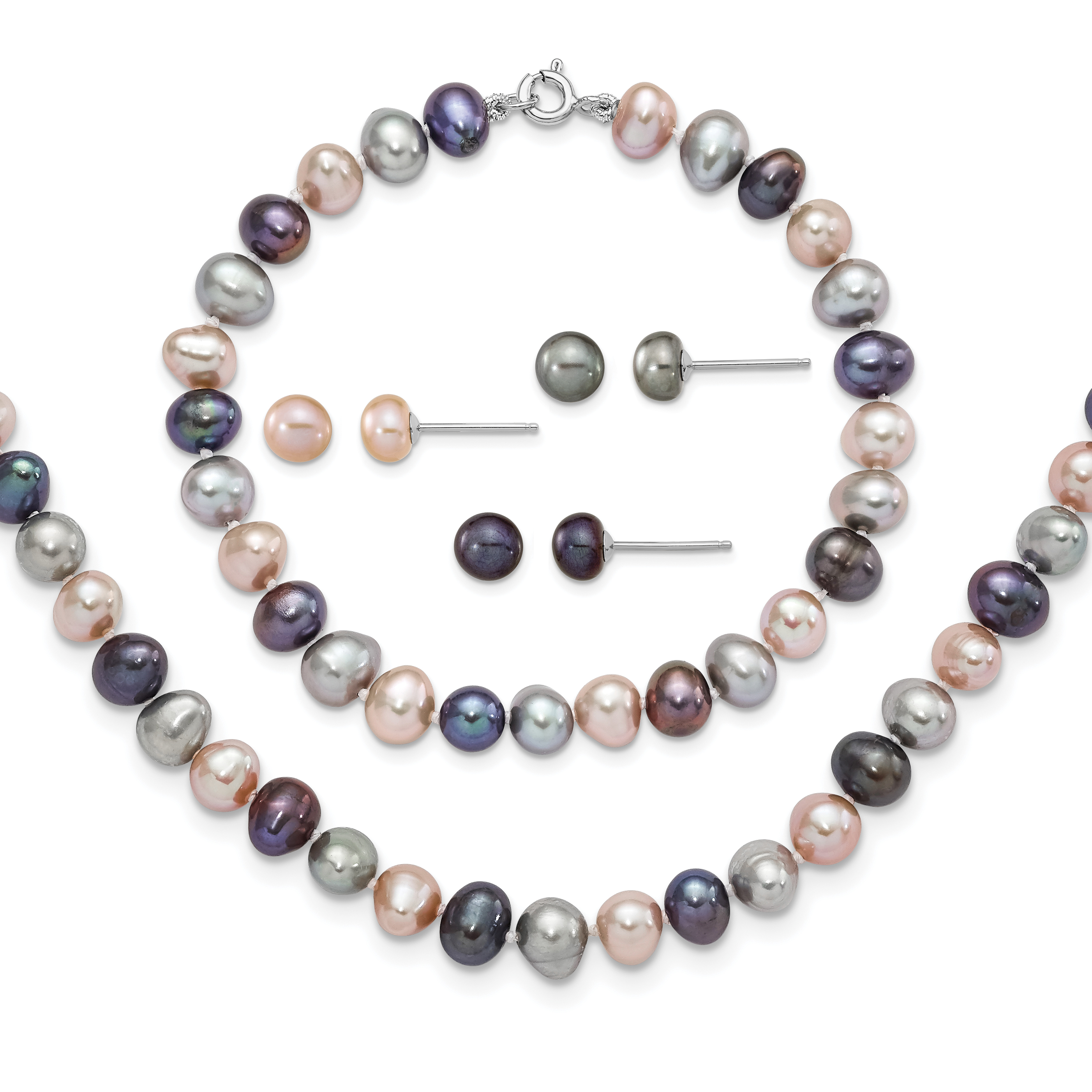 Sterling Silver Rhodium-plated 6-7mm Black, Pink and Gray Semi-Round Freshwater Cultured Pearl 18 inch Necklace, 7.25 inch Bracelet and 3-piece Button Post Earrings Set (QH4792BPGSET)