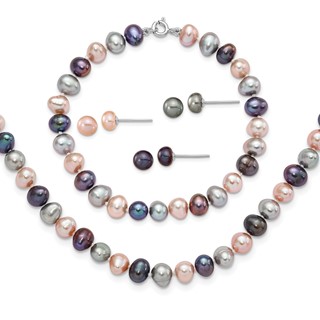 "Sterling Silver Rhodium-plated 6-7mm Black, Pink and Gray Semi-Round Freshwater Cultured Pearl 18 inch Necklace, 7.25 inch Bracelet and 3-piece Button Post Earrings Set"