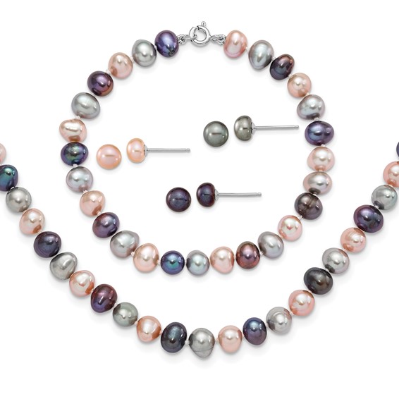 "Sterling Silver Rhodium-plated 6-7mm Black, Pink and Gray Semi-Round Freshwater Cultured Pearl 18 inch Necklace, 7.25 inch Bracelet and 3-piece Button Post Earrings Set"