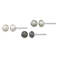 Sterling Silver Rhodium-plated 6-7mm Grey and Black Semi-Round Freshwater Cultured Pearl Necklace and 7.25 Bracelet and 3-piece Button Post Earrings Set, 18" view 2