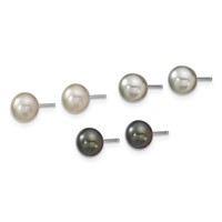 Sterling Silver Rhodium-plated 6-7mm Grey and Black Semi-Round Freshwater Cultured Pearl Necklace and 7.25 Bracelet and 3-piece Button Post Earrings Set, 18" view 3