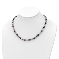 Sterling Silver Rhodium-plated 6-7mm Grey and Black Semi-Round Freshwater Cultured Pearl Necklace and 7.25 Bracelet and 3-piece Button Post Earrings Set, 18" view 5
