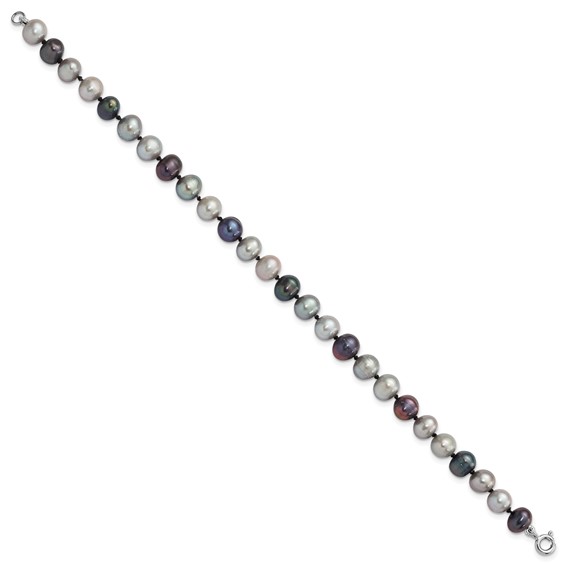 Sterling Silver Rhodium-plated 6-7mm Grey and Black Semi-Round Freshwater Cultured Pearl 18 inch Necklace and 7.25 Bracelet and 3-piece Button Post Earrings Set