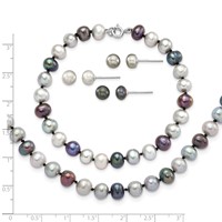 Sterling Silver Rhodium-plated 6-7mm Grey and Black Semi-Round Freshwater Cultured Pearl Necklace and 7.25 Bracelet and 3-piece Button Post Earrings Set, 18" view 4