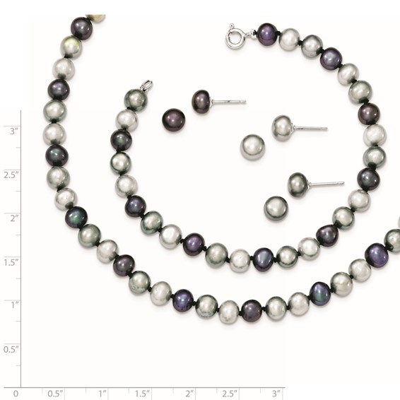 Sterling Silver Rhodium-plated 6-7mm Grey and Black Semi-Round Freshwater Cultured Pearl 18 inch Necklace and 7.25 Bracelet and 3-piece Button Post Earrings Set