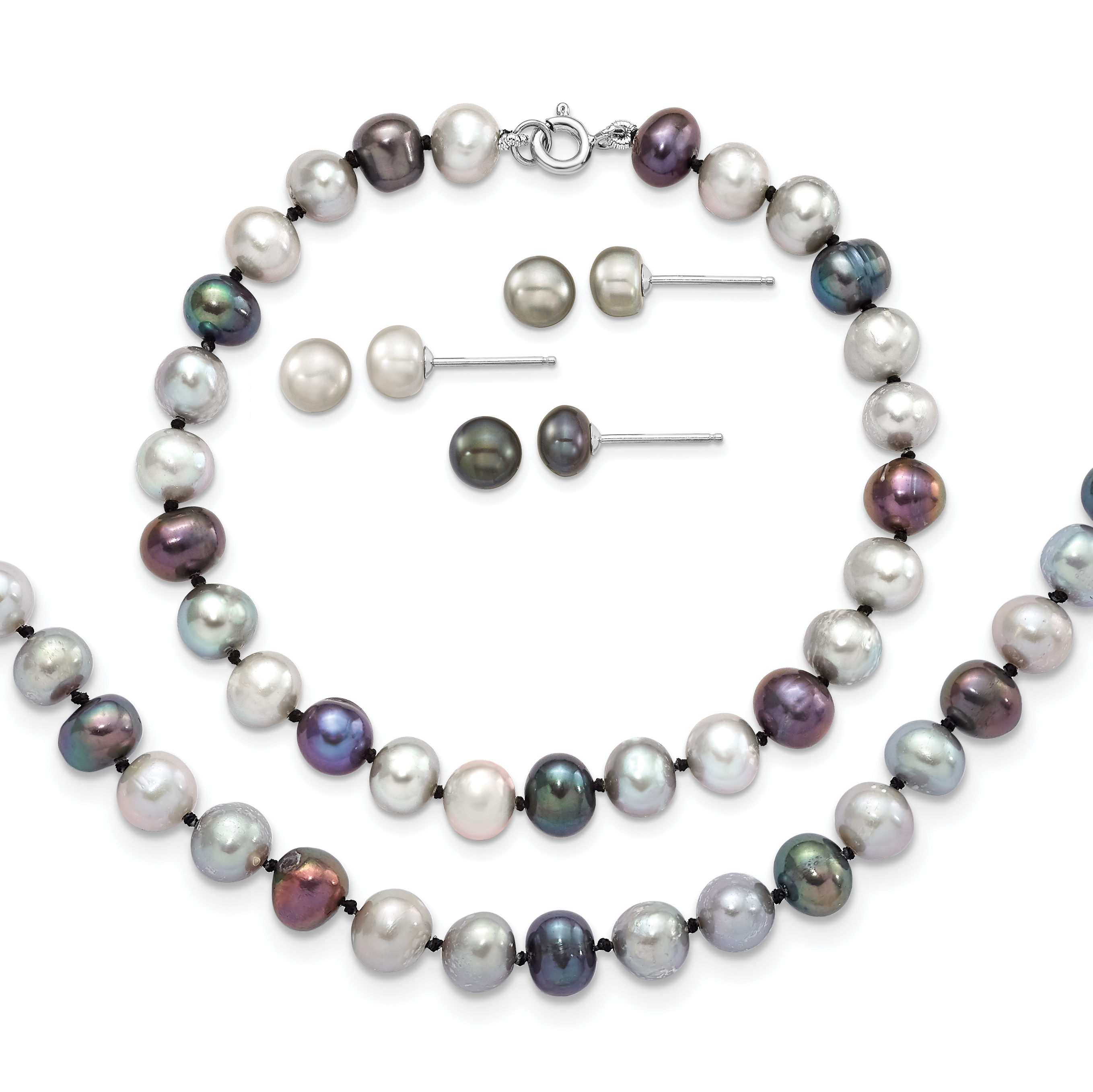 Sterling Silver Rhodium-plated 6-7mm Grey and Black Semi-Round Freshwater Cultured Pearl 18 inch Necklace and 7.25 Bracelet and 3-piece Button Post Earrings Set (QH4792SET)