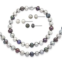 Sterling Silver Rhodium-plated 6-7mm Grey and Black Semi-Round Freshwater Cultured Pearl Necklace and 7.25 Bracelet and 3-piece Button Post Earrings Set, 18" view 1