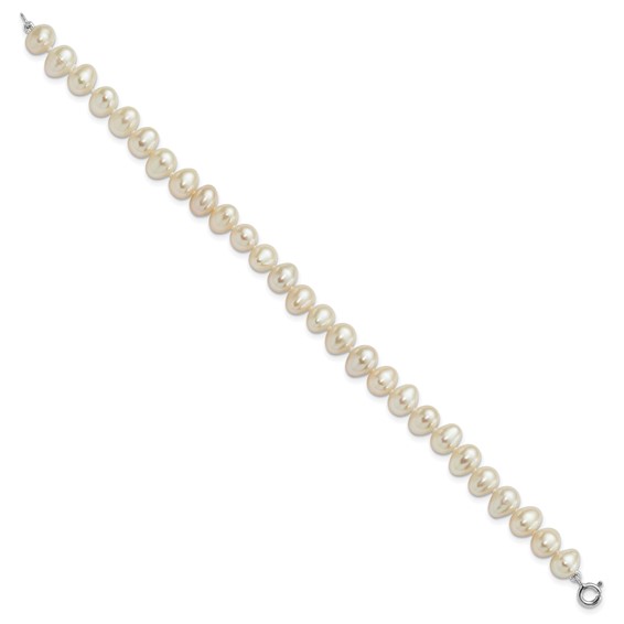 "Sterling Silver Rhodium-plated 6-7mm White Semi-Round Freshwater Cultured Pearl 18 inch Necklace, 7.25 in Bracelet and Button Post Earrings Set "