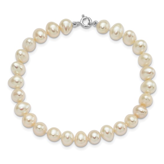 "Sterling Silver Rhodium-plated 6-7mm White Semi-Round Freshwater Cultured Pearl 18 inch Necklace, 7.25 in Bracelet and Button Post Earrings Set "