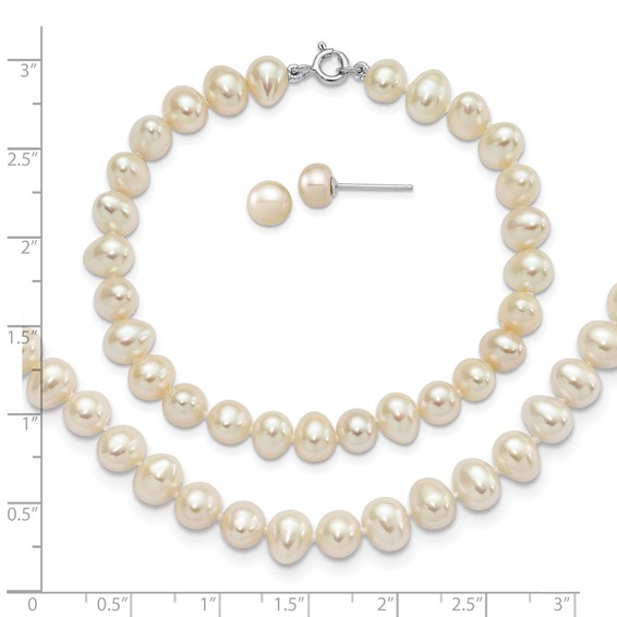 "Sterling Silver Rhodium-plated 6-7mm White Semi-Round Freshwater Cultured Pearl 18 inch Necklace, 7.25 in Bracelet and Button Post Earrings Set "