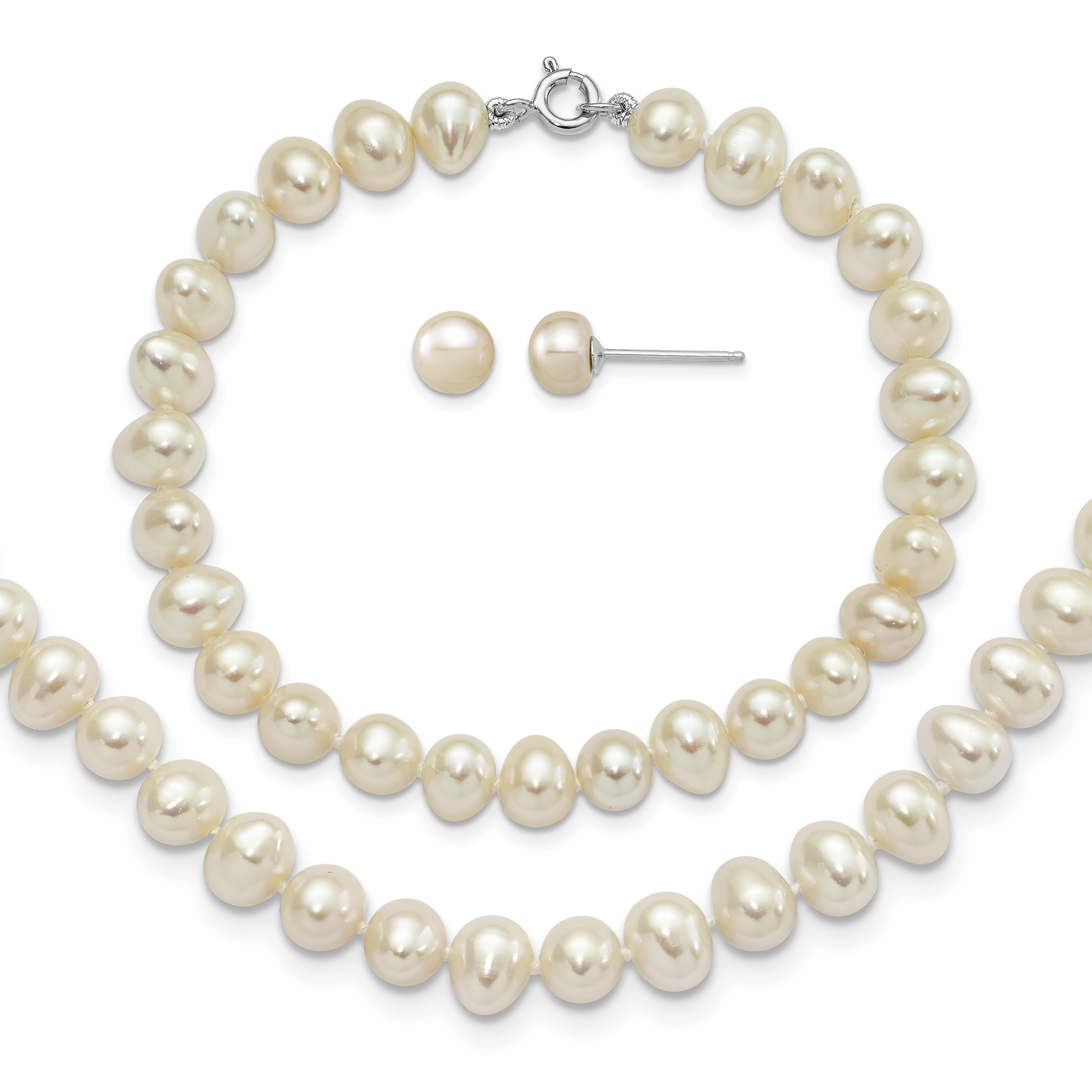 Sterling Silver Rhodium-plated 6-7mm White Semi-Round Freshwater Cultured Pearl 18 inch Necklace, 7.25 in Bracelet and Button Post Earrings Set (QH4792WSET)