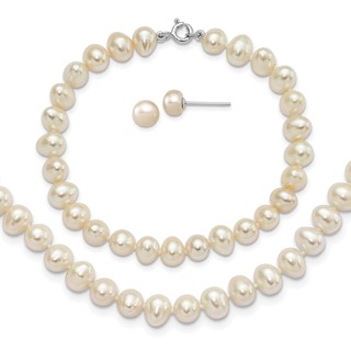 "Sterling Silver Rhodium-plated 6-7mm White Semi-Round Freshwater Cultured Pearl 18 inch Necklace, 7.25 in Bracelet and Button Post Earrings Set "
