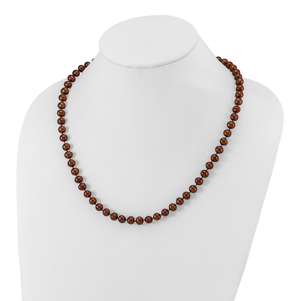 Sterling Silver Rhodium-plated 6-7mm Brown Near-Round Freshwater Cultured Pearl 20 inch Necklace (QH4817-20)