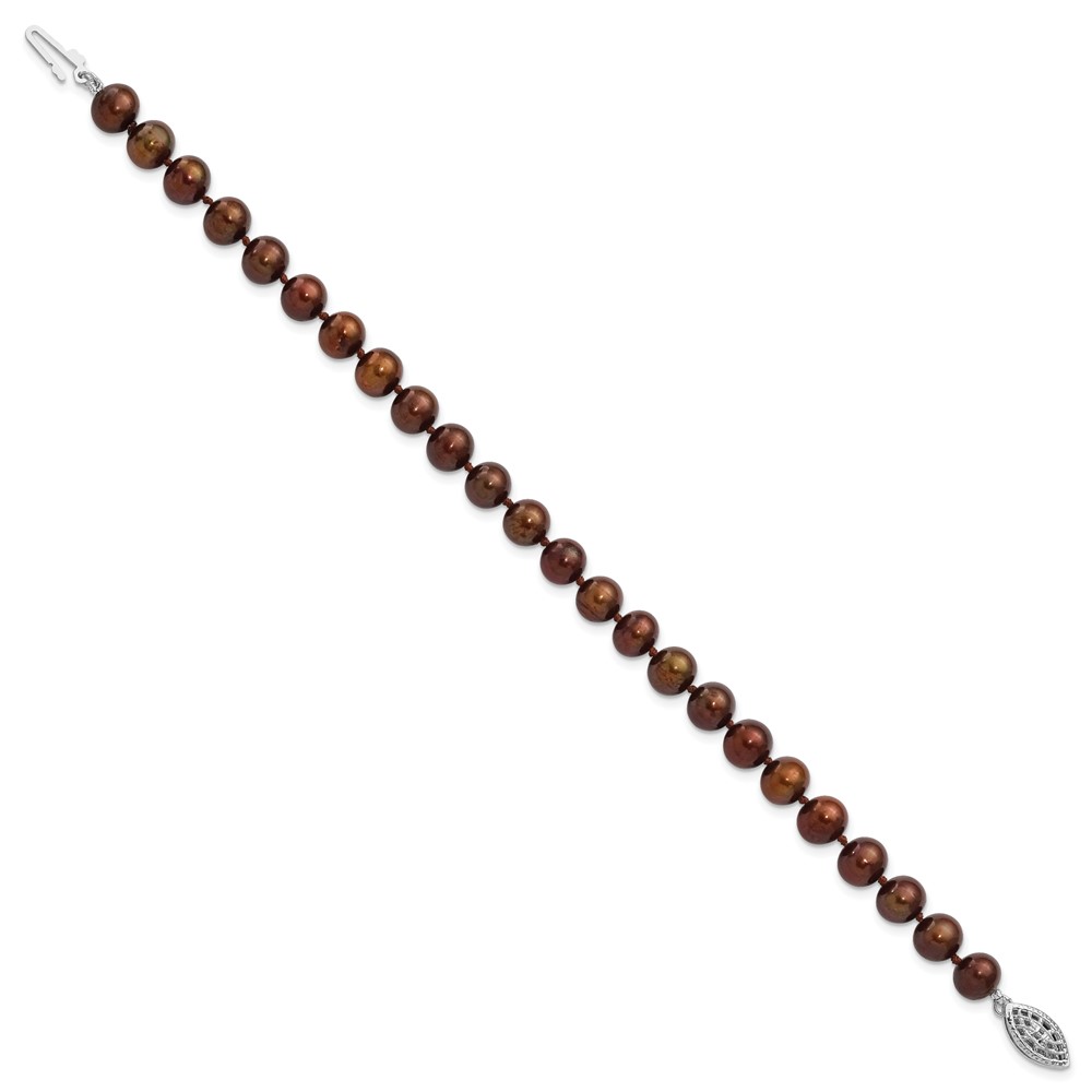 Sterling Silver Rhodium-plated 6-7mm Brown Near-Round Freshwater Cultured Pearl 7.25 inch Bracelet (QH4817-7.25)
