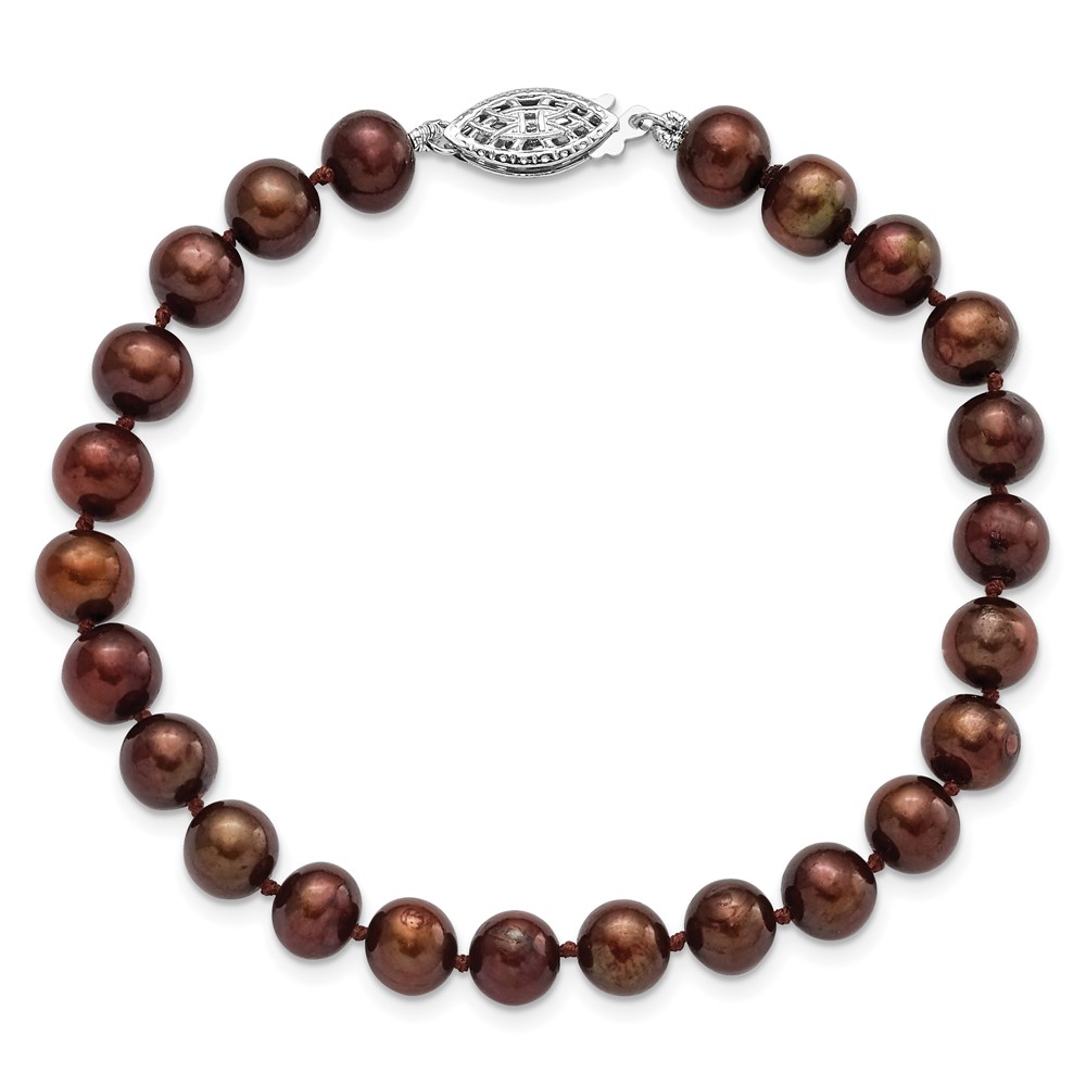 Sterling Silver Rhodium-plated 6-7mm Brown Near-Round Freshwater Cultured Pearl 7.25 inch Bracelet (QH4817-7.25)