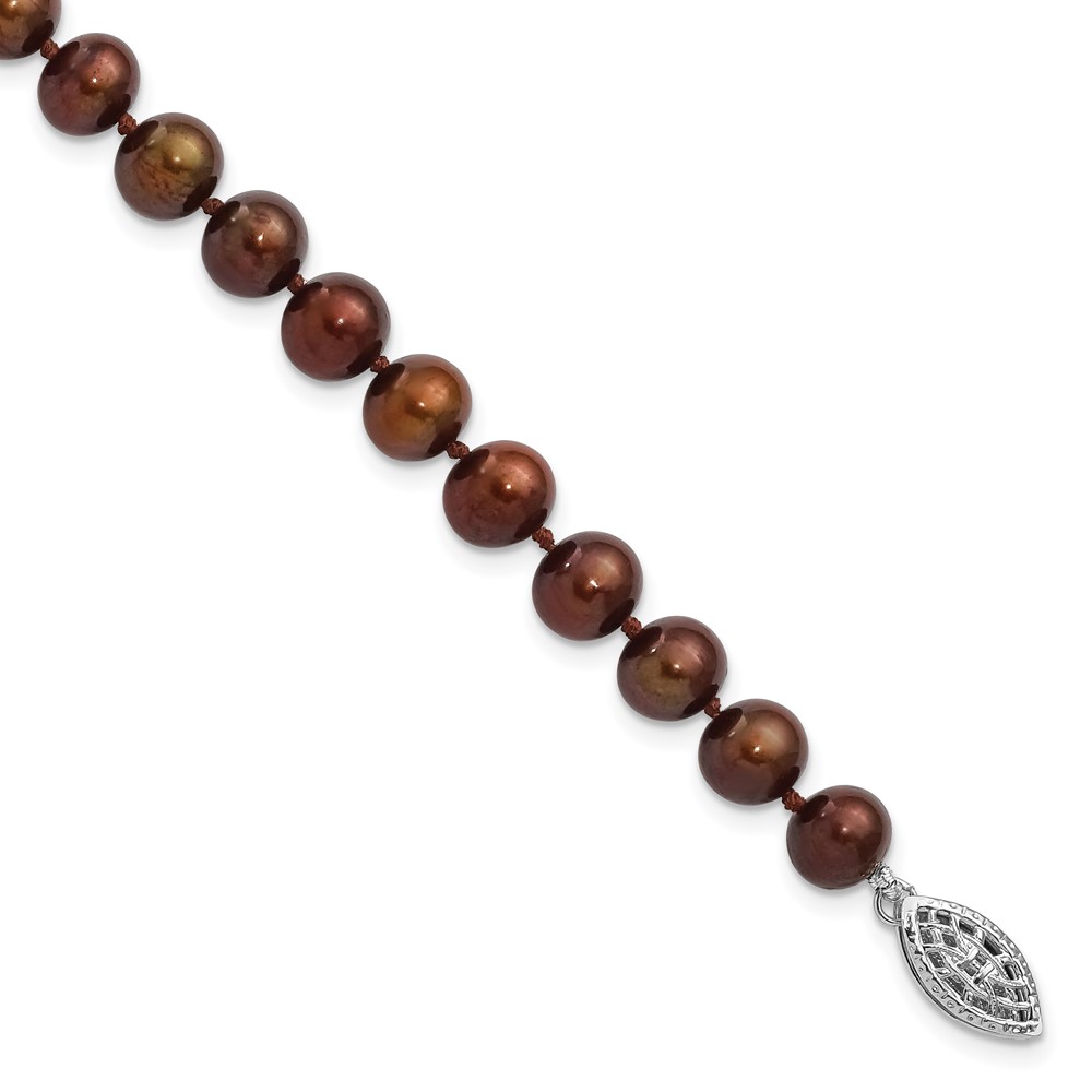 Sterling Silver Rhodium-plated 6-7mm Brown Near-Round Freshwater Cultured Pearl 7.25 inch Bracelet (QH4817-7.25)