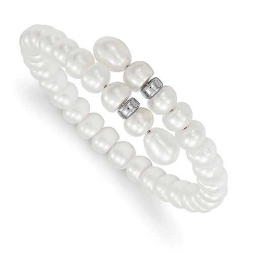 Sterling Silver Rhodium-plated 6-8mm White Button and Rice Freshwater Cultured Pearl Flexible Bracelet, 7.5"
