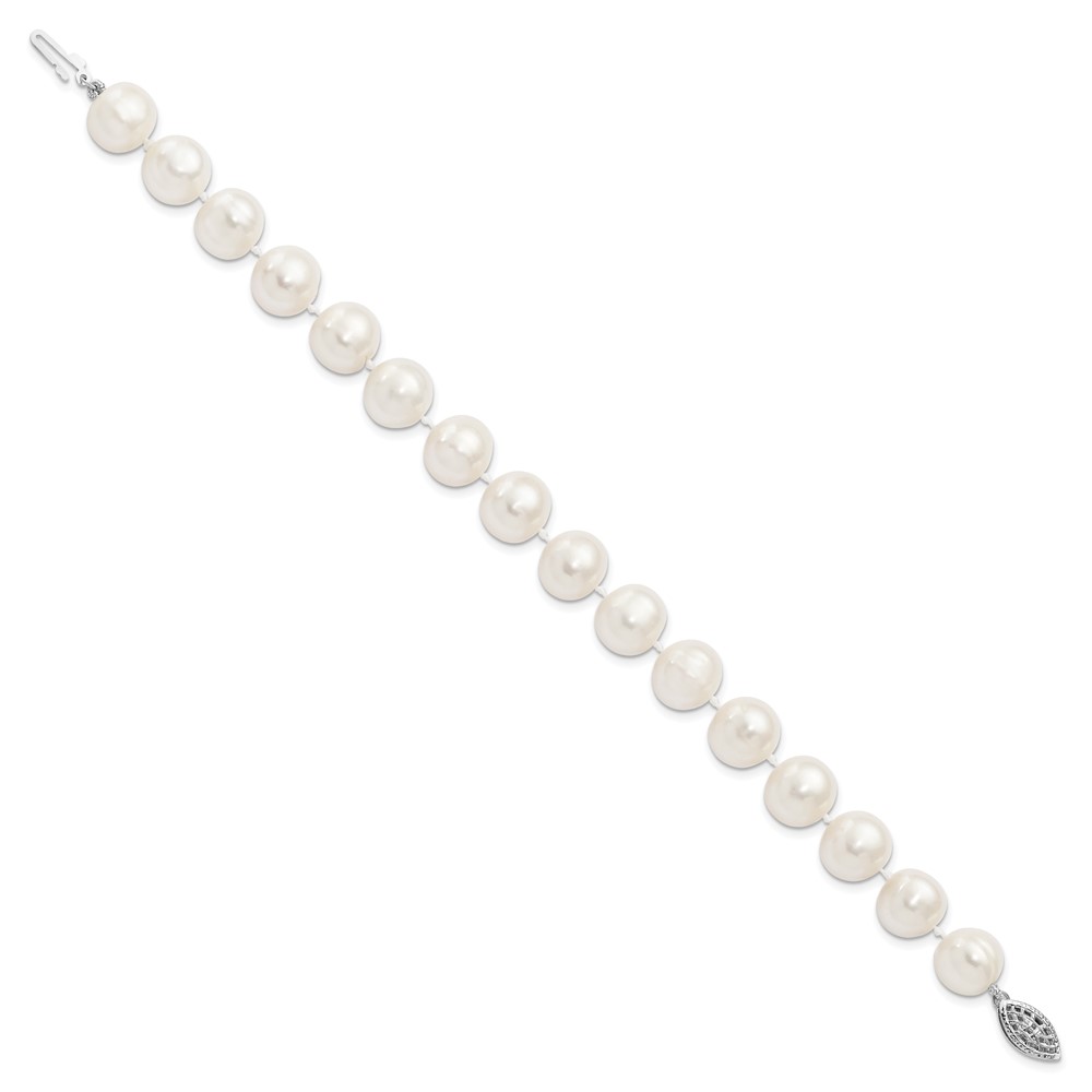 Sterling Silver Rhodium-plated 10-11mm White Near-Round Freshwater Cultured Pearl 7.25 inch Bracelet (QH4828-7.25)