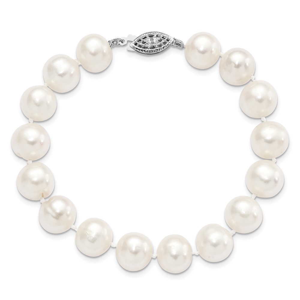 Sterling Silver Rhodium-plated 10-11mm White Near-Round Freshwater Cultured Pearl 7.25 inch Bracelet (QH4828-7.25)