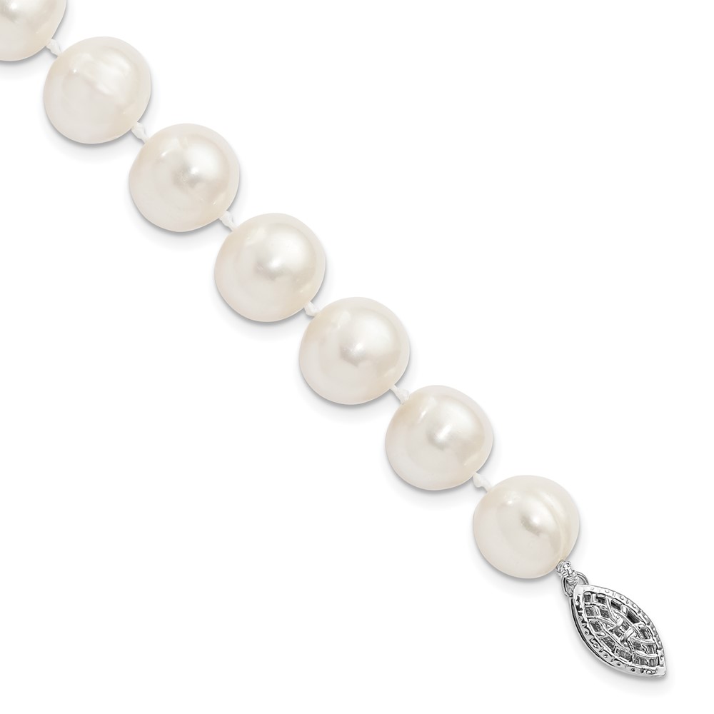 Sterling Silver Rhodium-plated 10-11mm White Near-Round Freshwater Cultured Pearl 7.25 inch Bracelet (QH4828-7.25)