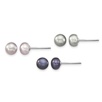 Sterling Silver RH-plated 6-7mm Grey Pink Black Semi-Round Freshwater Cult. Pearl Necklace 7.25 in Bracelet 3-pair Button Post Earrings Set, 18" view 2