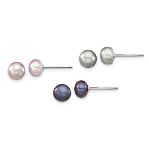 "Sterling Silver Rhodium-plated 6-7mm Grey, Pink and Black Semi-Round Freshwater Cultured Pearl 18 inch Necklace, 7.25 inch Bracelet and 3-piece Button Post Earrings Set"