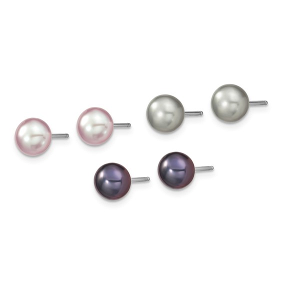 "Sterling Silver Rhodium-plated 6-7mm Grey, Pink and Black Semi-Round Freshwater Cultured Pearl 18 inch Necklace, 7.25 inch Bracelet and 3-piece Button Post Earrings Set"