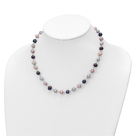 "Sterling Silver Rhodium-plated 6-7mm Grey, Pink and Black Semi-Round Freshwater Cultured Pearl 18 inch Necklace, 7.25 inch Bracelet and 3-piece Button Post Earrings Set"