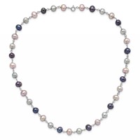 Sterling Silver RH-plated 6-7mm Grey Pink Black Semi-Round Freshwater Cult. Pearl Necklace 7.25 in Bracelet 3-pair Button Post Earrings Set, 18" view 4