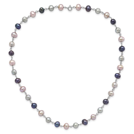 "Sterling Silver Rhodium-plated 6-7mm Grey, Pink and Black Semi-Round Freshwater Cultured Pearl 18 inch Necklace, 7.25 inch Bracelet and 3-piece Button Post Earrings Set"