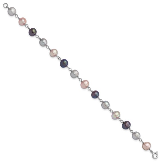 "Sterling Silver Rhodium-plated 6-7mm Grey, Pink and Black Semi-Round Freshwater Cultured Pearl 18 inch Necklace, 7.25 inch Bracelet and 3-piece Button Post Earrings Set"